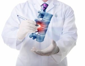Man holding spine model