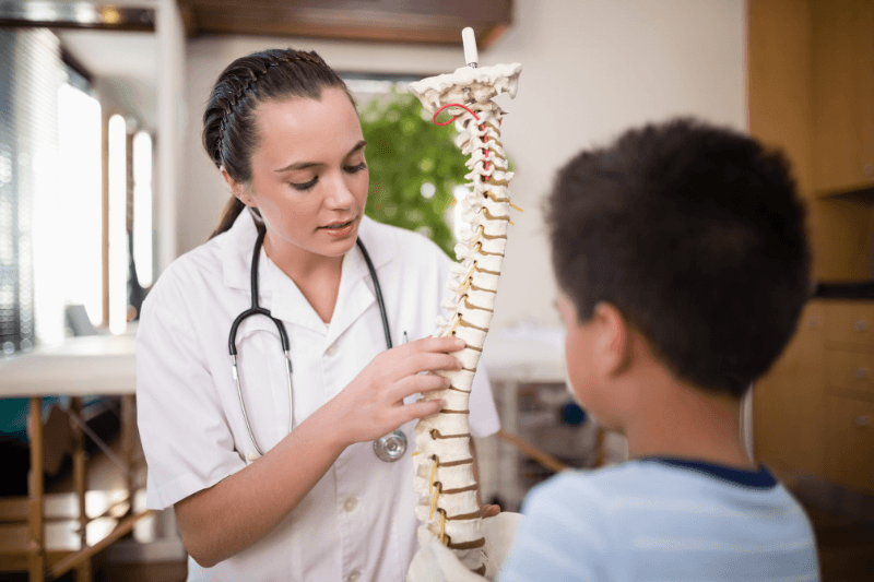 A Spine Specialist Shows a Scoliosis Model to a Child in South Florida